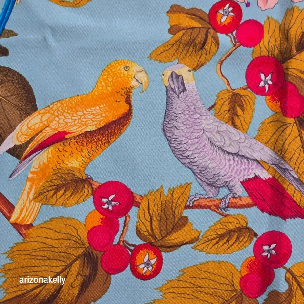Vintage Silk Scarf Parrots Bird Hand Rolled Edges